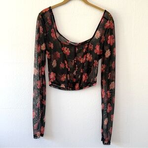 Black Red Floral Sheer Scoop Neck Long Sleeve Whimsigoth Dark Romantic